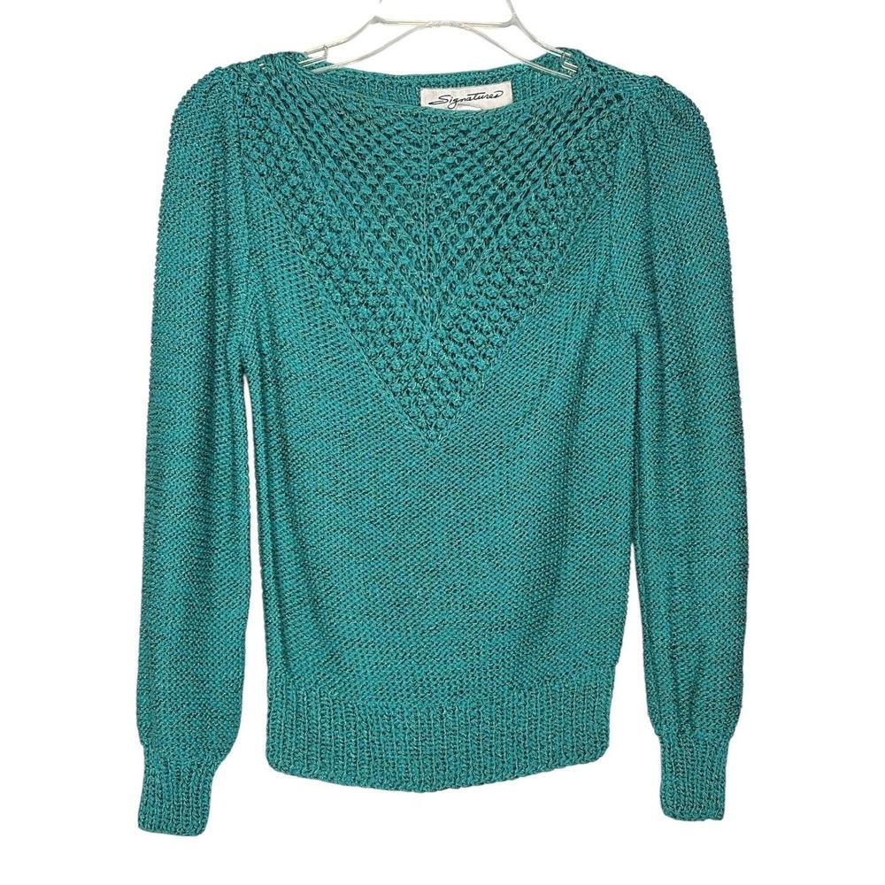 Vintage Signatures Teal Green Hand Knit Crochet Yoke Sweater Womens Medium S
